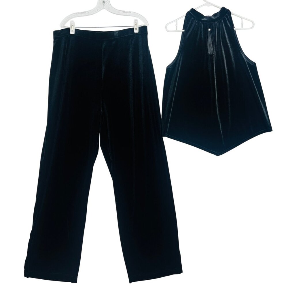 Avenue Womens Black Velvet Wide-Leg Pants & Sleeveless Top Set 18/20 Tall